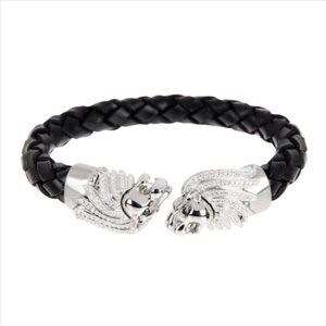 Blackjack Cubic Zirconia Silver Tone Lion Head Black Leather Cuff Bracelet